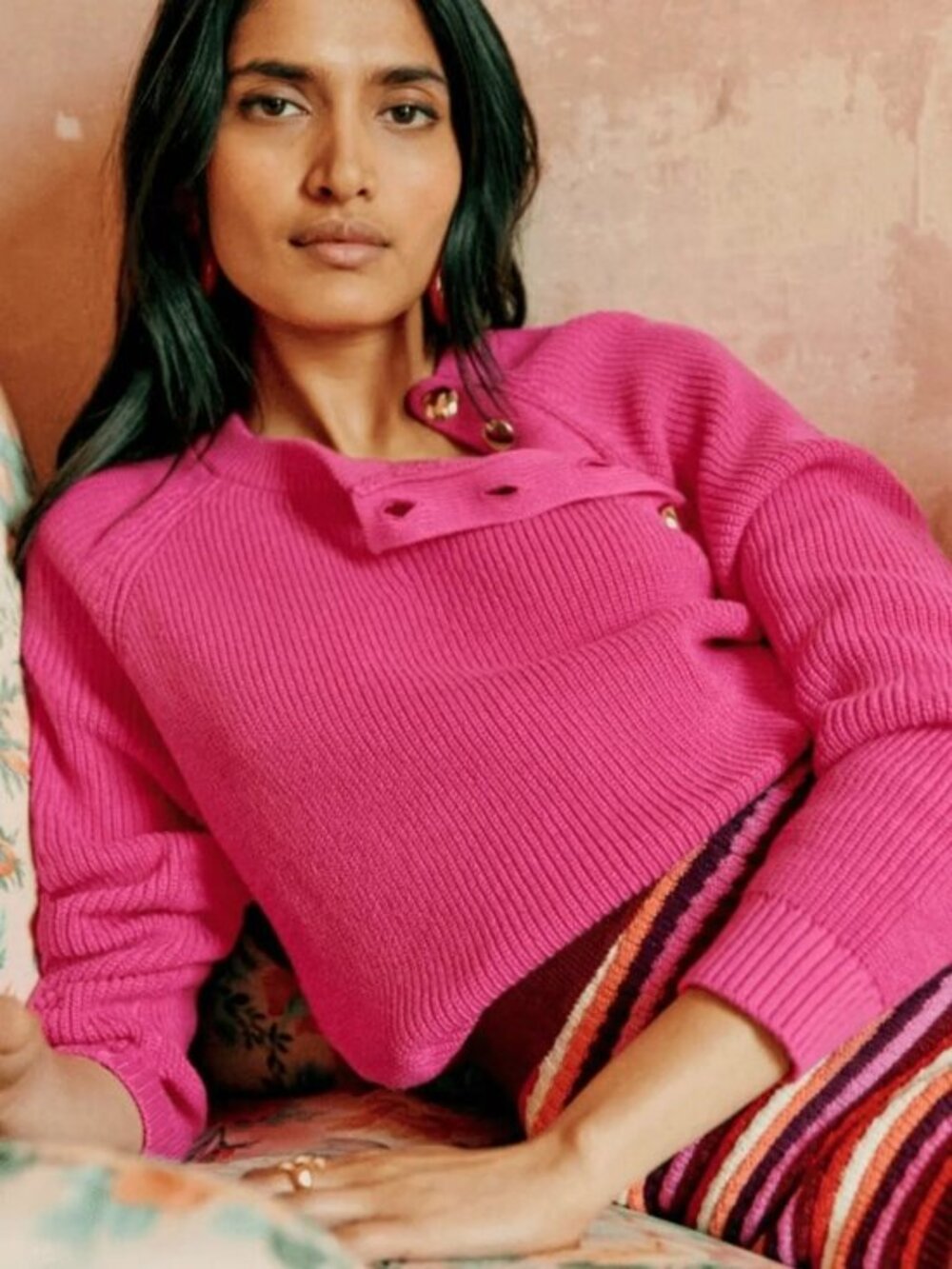 New Sezane Gary Jumper Gold Button Cotton Sweater Pink XS